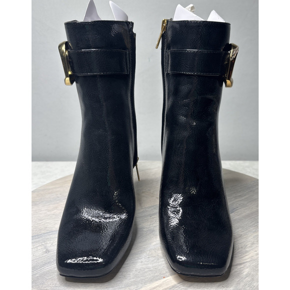Circus by Sam Edelman Women’s Black Patent Ankle Boots Gold Buckle Zip Heel Size - Picture 3 of 9